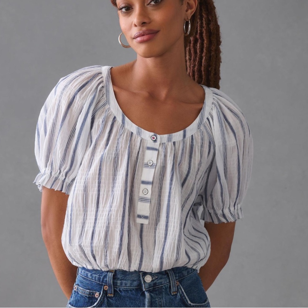 Pilcro‎ puff sleeve blouse NWOT, blue and white stripped size XS - Picture 3 of 10